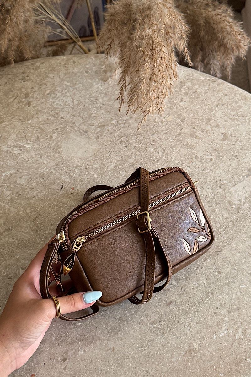 Bamboo Stitch Vegan Leather Cross Bag - Brown